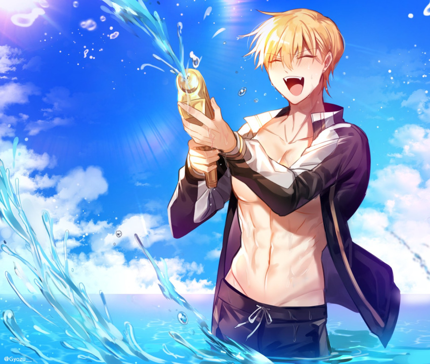1boy abs chest closed_eyes clouds cloudy_sky day fate/grand_order fate/stay_night fate_(series) gilgamesh gilgamesh_(caster)_(fate) gun highres holding male_focus muscle open_clothes pectorals rijjin short_hair sky smile solo swimsuit toy_gun water water_gun weapon wet