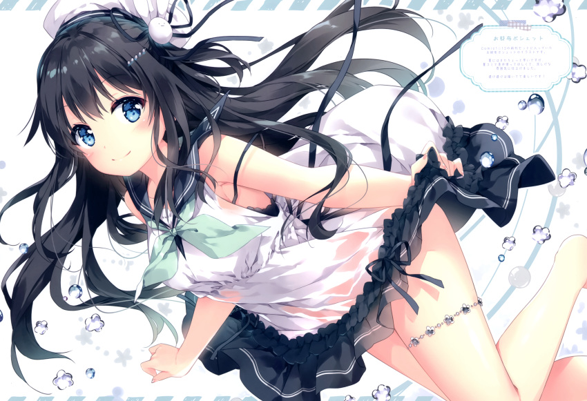 1girl absurdres bangs bare_shoulders beret black_hair blue_eyes blush bow breasts closed_mouth dress eyebrows_visible_through_hair fingernails frilled_dress frills hair_ornament hairclip hat highres holding leg_up looking_at_viewer medium_breasts mochizuki_shiina original sailor_collar scan see-through simple_background skirt_hold sleeveless smile thigh_strap thighs water water_drop