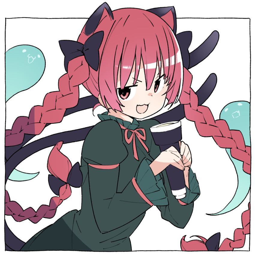 1girl :3 animal_ears bangs black_bow bow cat_ears cat_tail commentary_request dress flashlight ghost green_dress hair_bow highres holding holding_flashlight juliet_sleeves kaenbyou_rin kt_kkz long_hair long_sleeves looking_at_viewer multiple_tails open_mouth puffy_sleeves red_eyes red_neckwear redhead smile solo tail touhou twintails two_tails upper_body very_long_hair white_background