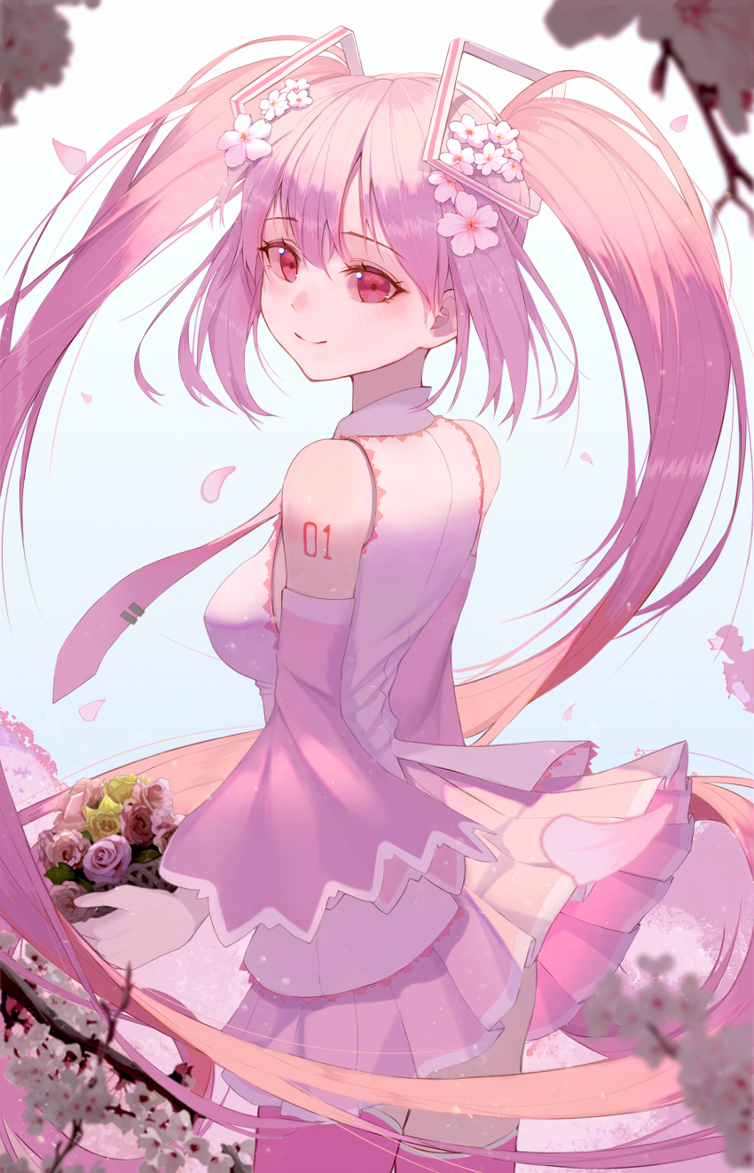 1girl arms_at_sides ass backlighting bare_shoulders blue_background blush bouquet branch breasts cherry_blossoms closed_mouth clothes_lift collared_shirt cowboy_shot daimi_94 detached_sleeves eyebrows_visible_through_hair eyelashes flower gradient gradient_background hair_between_eyes hair_flower hair_ornament happy hatsune_miku highres holding holding_bouquet holding_flower leaf light_particles long_hair looking_at_viewer looking_back medium_breasts necktie number_tattoo petals pink_eyes pink_flower pink_hair pink_legwear pink_neckwear pink_rose pink_shirt pink_skirt pink_theme pleated_skirt rose sakura_miku shiny shiny_hair shirt shoulder_tattoo sideboob sidelocks simple_background skirt skirt_lift sleeveless sleeveless_shirt smile solo straight_hair tareme tattoo thigh-highs thighs tree_branch twintails very_long_hair vocaloid wind wind_lift yellow_flower yellow_rose