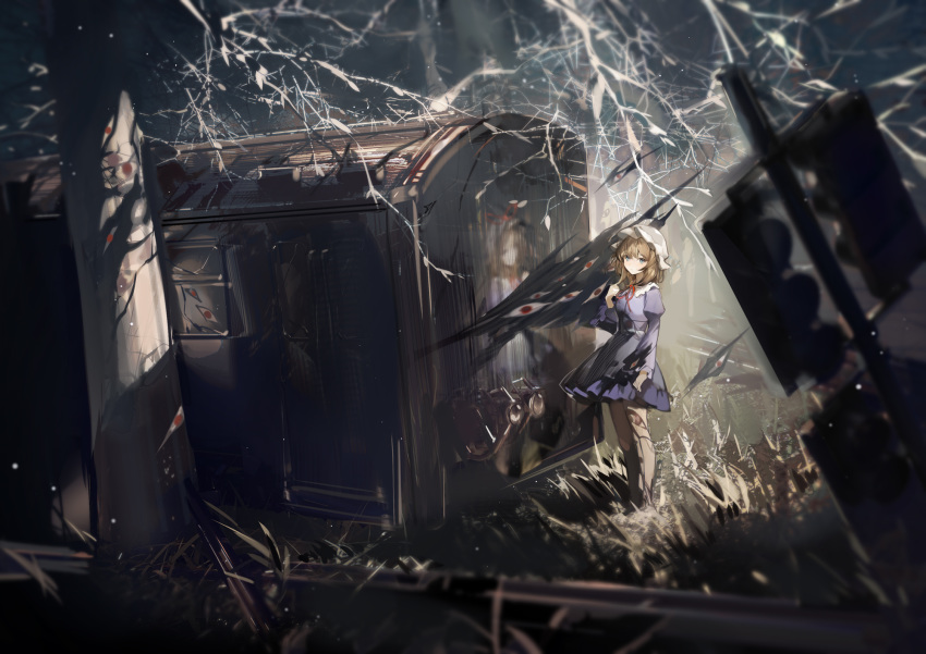 1girl arm_up bare_tree blonde_hair blue_dress blue_eyes dress english_commentary expressionless forest gap_(touhou) ground_vehicle happytreefriendspikapika hat highres holding holding_hair juliet_sleeves long_sleeves looking_at_viewer maribel_hearn mob_cap nature puffy_sleeves railroad_tracks ruins short_dress short_hair solo standing touhou traffic_light train tree white_headwear