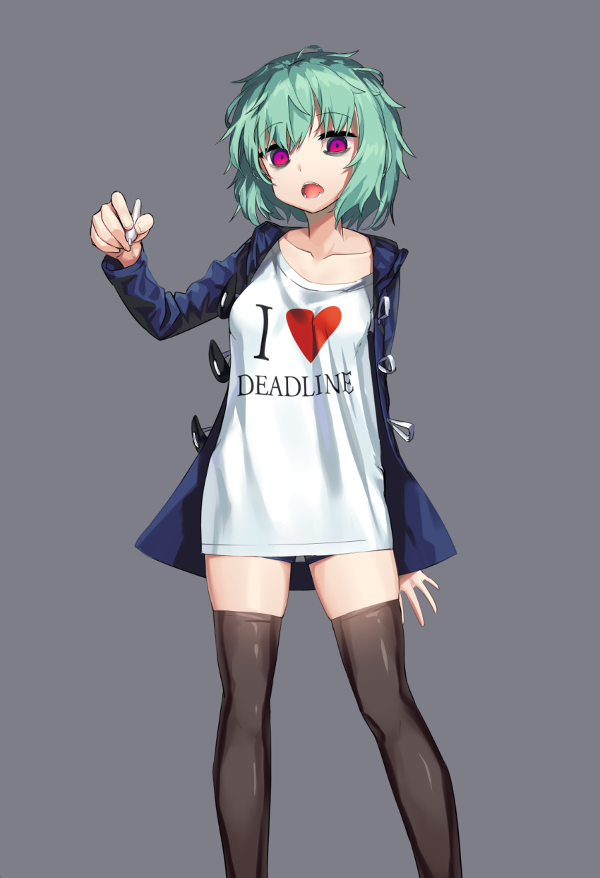 1girl arm_behind_back bangs black_jacket black_legwear breasts clothes_writing collarbone commentary_request feet_out_of_frame green_hair grey_background hand_up heart highres holding holding_pen jacket looking_at_viewer lower_teeth medium_breasts open_clothes open_jacket open_mouth original overlord_(overlord80000) pen pink_eyes shirt short_hair simple_background solo standing thigh-highs upper_teeth violet_eyes white_shirt zettai_ryouiki