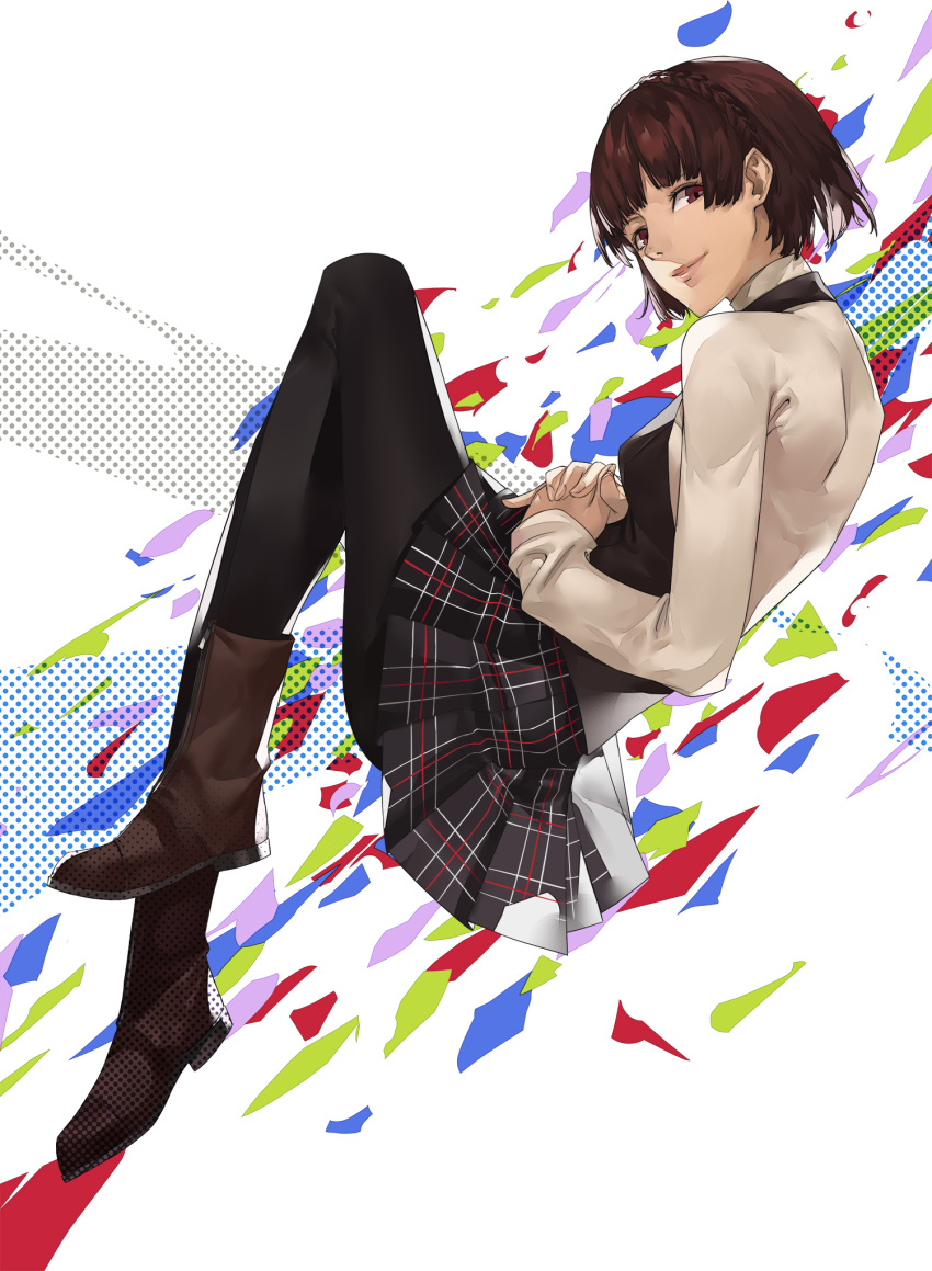 1girl black_legwear blazpu boots braid brown_footwear brown_hair crown_braid highres invisible_chair niijima_makoto pantyhose persona persona_5 plaid pleated_skirt reclining red_eyes short_hair shuujin_academy_uniform sitting skirt solo sweater turtleneck turtleneck_sweater vest white_sweater zipper_footwear