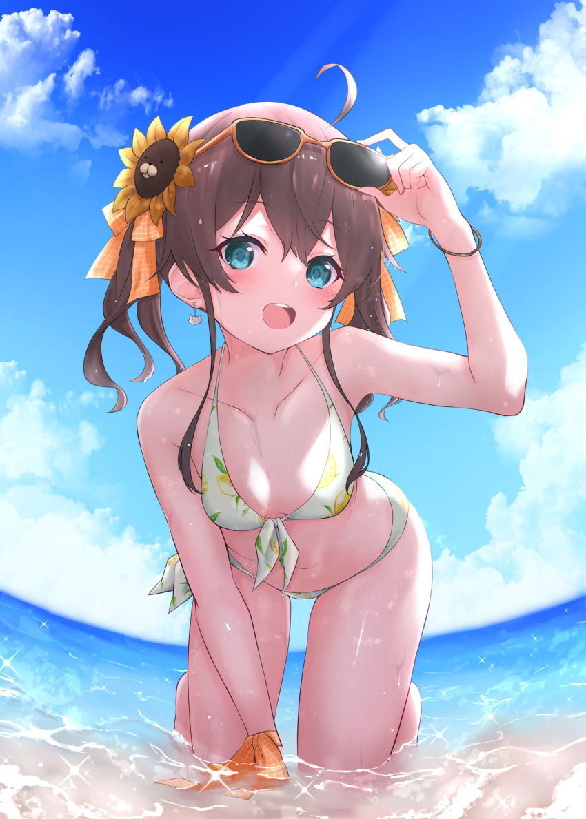 1girl :3 adjusting_eyewear ahoge all_fours bikini blue_eyes bracelet breasts brown_hair cat_earrings clouds day ebi_frion_(natsuiro_matsuri) eyewear_on_head fisheye flower front-tie_bikini front-tie_top hair_between_eyes hair_flower hair_ornament hair_ribbon highres hololive jewelry lemon_print long_hair looking_at_viewer na-code_(gurich) natsuiro_matsuri navel ocean open_mouth orange-framed_eyewear orange_ribbon outdoors ribbon side-tie_bikini sidelocks sky small_breasts smile solo sunflower sunglasses swimsuit twintails virtual_youtuber wet white_bikini wrist_ribbon