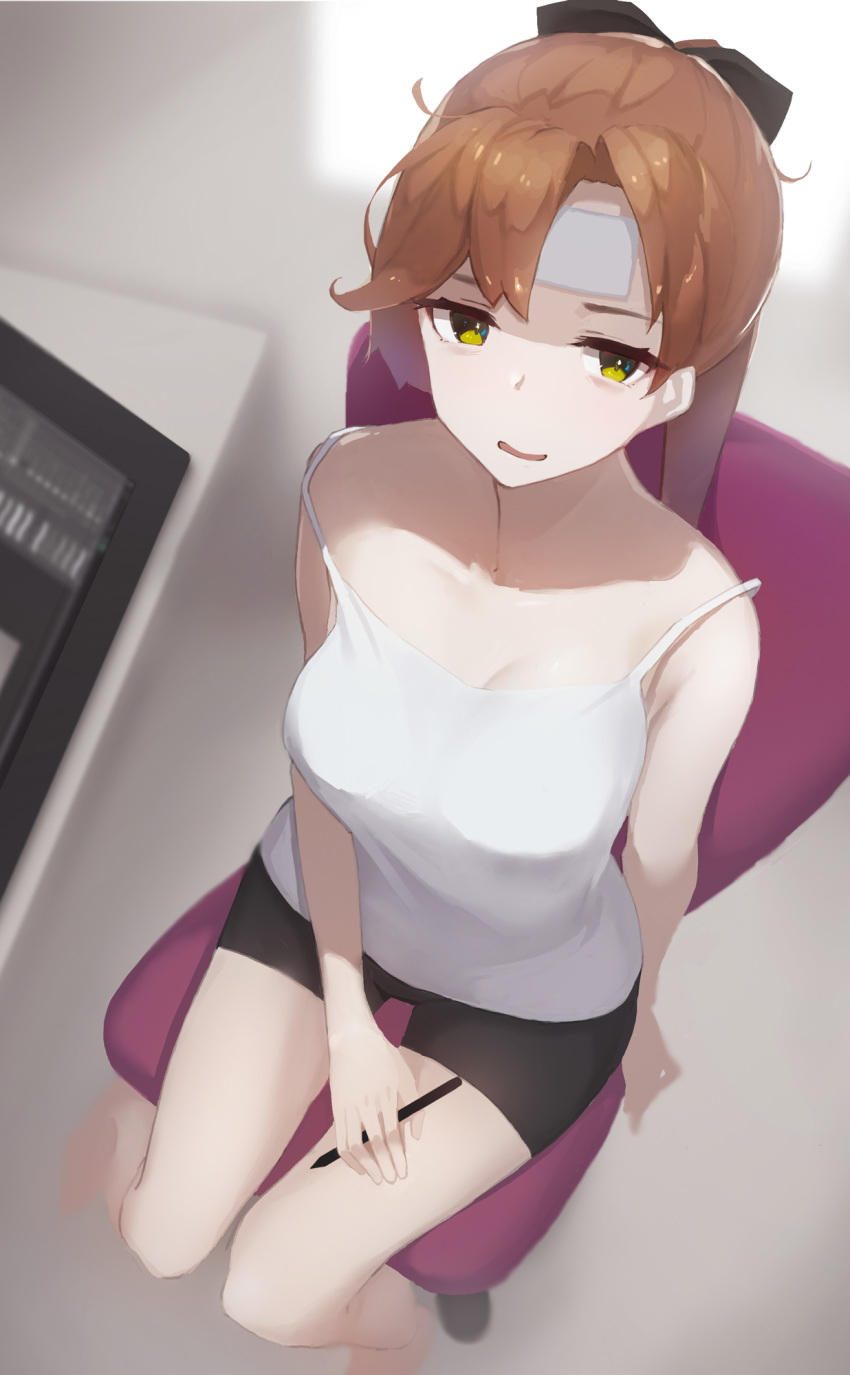 1girl akigumo_(kantai_collection) alternate_costume bags_under_eyes bangs black_shorts bow breasts brown_hair chair cooling_pad drawing_tablet fikusipu from_above green_eyes hair_bow highres holding holding_stylus kantai_collection long_hair medium_breasts off_shoulder open_mouth ponytail shorts sitting solo stylus table tank_top tired white_tank_top