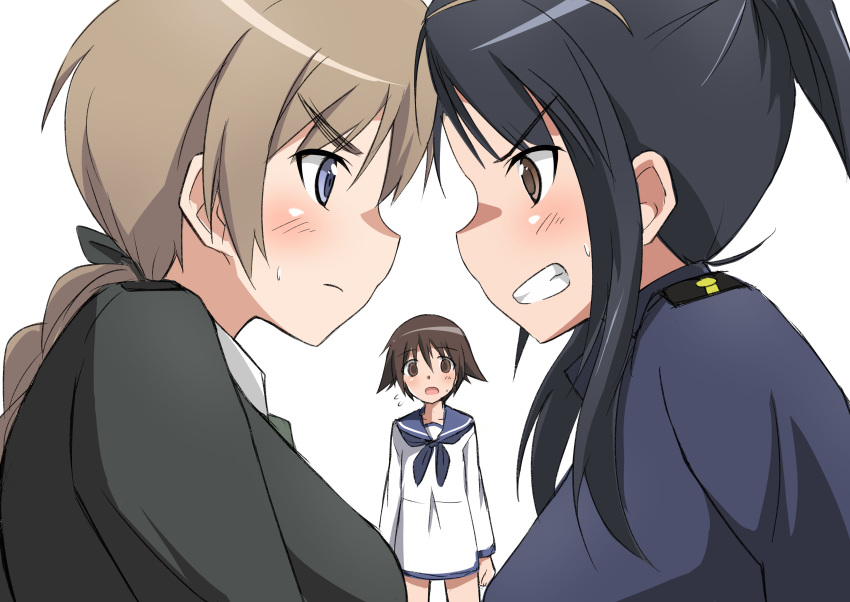 3girls absurdres angry black_hair blue_eyes blush braid braided_ponytail breasts brown_hair clenched_teeth closed_mouth dress eyebrows_visible_through_hair hair_ornament hair_ribbon hattori_shizuka highres large_breasts looking_at_another lynette_bishop military military_uniform miyafuji_yoshika multiple_girls open_mouth ponytail ribbon sailor_dress shiny shiny_hair shiny_skin short_hair simple_background strike_witches sweat teeth tricky_46 uniform upper_body white_background world_witches_series