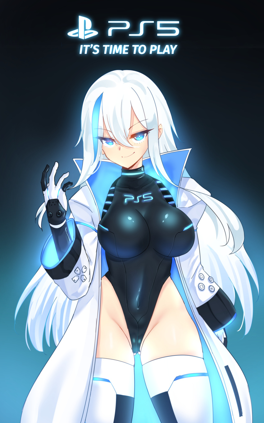 1girl absurdres bare_shoulders black_background black_footwear blue_eyes breasts closed_mouth covered_navel cowboy_shot elbow_gloves expressionless eyebrows_visible_through_hair game_console gloves glowing glowing_eyes highres large_breasts long_hair looking_at_viewer original personification playstation_5 rayno sidelocks simple_background single_sidelock sleeveless sleeveless_jacket solo standing very_long_hair white_hair white_legwear