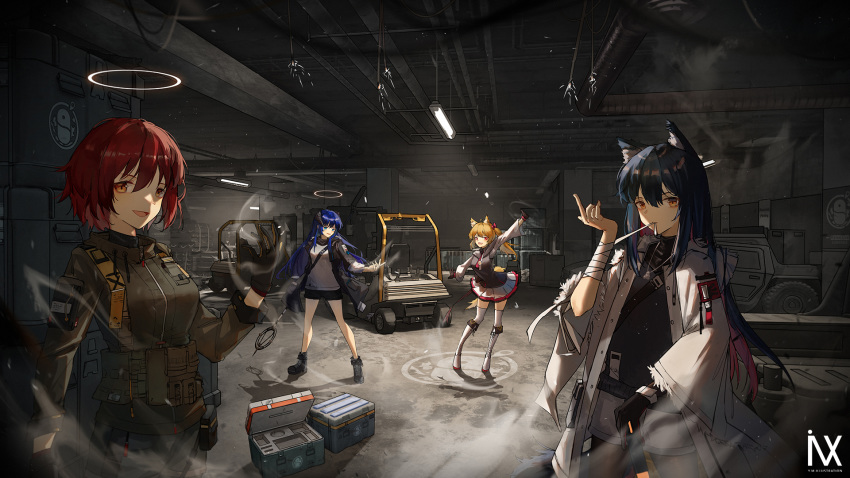4girls :d alternate_costume animal_ear_fluff animal_ears arknights arm_up bandages bangs bare_legs black_footwear black_gloves black_hair black_jacket black_shirt black_vest blonde_hair blue_hair boots breasts brown_eyes commentary_request exusiai_(arknights) gloves halo highres horns indoors jacket knee_boots long_hair long_sleeves looking_at_viewer medium_breasts mostima_(arknights) multiple_girls open_clothes open_jacket open_mouth penguin_logistics_logo red_eyes redhead shadow shirt short_hair skirt smile sora_(arknights) staff standing texas_(arknights) thigh-highs upper_body vest white_footwear white_jacket white_legwear white_shirt white_skirt wide_sleeves wolf_ears wrist_wrap yuuki_mix zettai_ryouiki
