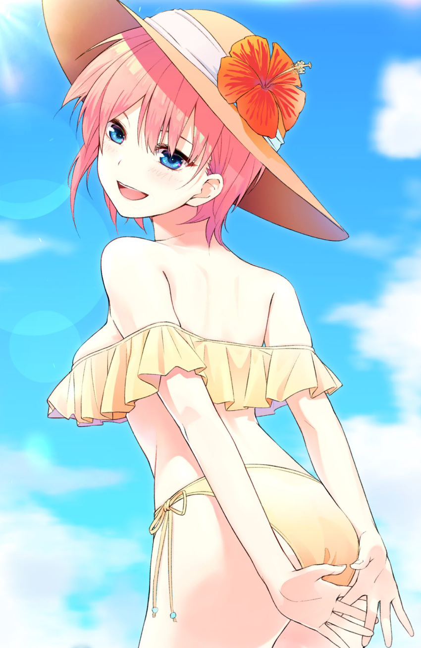 1girl :d arms_behind_back ass bangs bare_shoulders bikini blue_eyes blue_sky blush breasts commentary_request cowboy_shot day eyebrows_visible_through_hair flower from_behind go-toubun_no_hanayome hat hat_flower hat_ornament hibiscus highres leaning_forward looking_at_viewer looking_back medium_breasts nakano_ichika off-shoulder_swimsuit off_shoulder open_mouth outdoors pink_hair red_flower shishamo_(masato_k) short_hair side-tie_bikini sideboob sky smile solo sun_hat swimsuit yellow_bikini