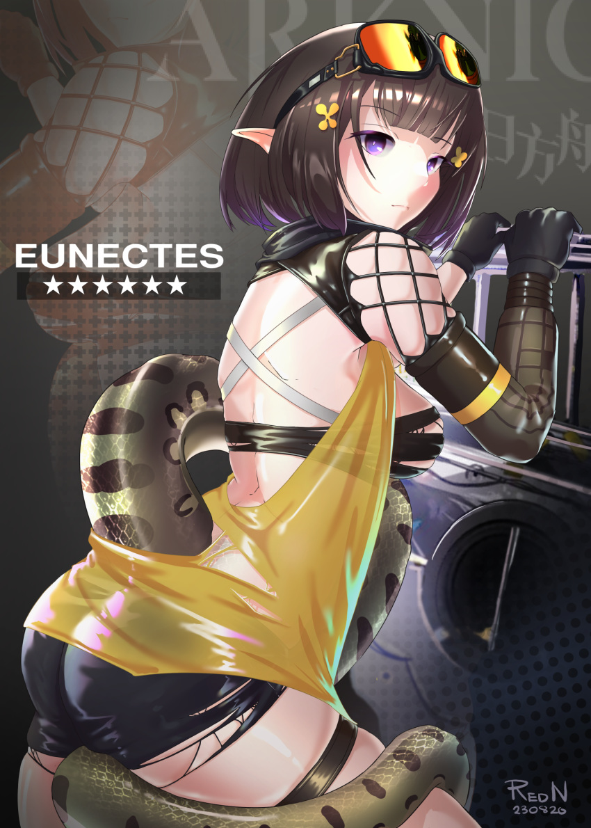 1girl arknights artist_name ass bandeau bangs black_gloves black_hair breasts character_name commentary english_commentary eunectes_(arknights) from_behind gloves goggles goggles_on_head highres looking_at_viewer looking_back medium_breasts pointy_ears redn_art short_hair signature skindentation snake_tail solo star_(symbol) strapless tail thigh_strap thighs torn_clothes tubetop violet_eyes zoom_layer