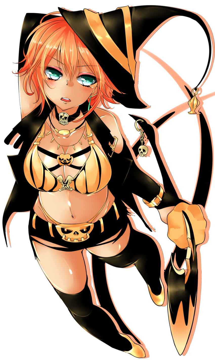 1girl absurdres agetama aqua_eyes bikini black_shorts breasts dark_skin earrings halloween hat highres jewelry large_breasts long_hair looking_at_viewer navel necklace orange_hair original shorts simple_background skull solo swimsuit white_background witch witch_hat