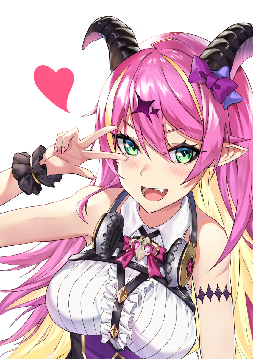 1girl :d arm_strap arm_up atora bangs bare_shoulders blonde_hair blue_bow blush bow breasts collared_shirt commentary_request demon_girl demon_horns eyebrows_visible_through_hair fang fingernails green_eyes hair_between_eyes hair_bow hair_ornament headphones headphones_around_neck heart highres hololive horns long_fingernails long_hair looking_at_viewer mano_aloe medium_breasts multicolored_hair open_mouth pink_hair pink_nails pointy_ears purple_bow shirt skull sleeveless sleeveless_shirt smile solo two-tone_hair upper_body v v-shaped_eyebrows v_over_eye very_long_hair virtual_youtuber white_shirt wrist_cuffs