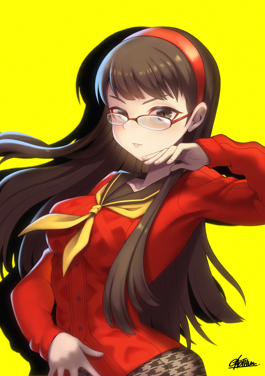 1girl amagi_yukiko bangs breasts brown_hair cardigan collarbone commentary contrapposto floating_hair gaothun glasses hairband hand_on_own_stomach hand_up highres houndstooth large_breasts long_hair long_sleeves looking_at_viewer neckerchief parted_lips persona persona_4 red_cardigan red_shirt school_uniform serafuku shadow shirt signature smile solo teeth upper_body yellow_background