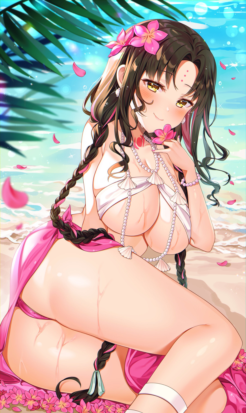 1girl absurdres ass bead_bracelet bead_necklace beads blush bracelet braid breasts brown_hair collarbone commentary eyebrows_visible_through_hair facial_mark fate/grand_order fate_(series) flower forehead_mark hair_flower hair_ornament highres jewelry large_breasts long_hair multicolored_hair necklace pink_flower pink_hair pink_sarong reel_(riru) sand seashell sesshouin_kiara sesshouin_kiara_(swimsuit_mooncancer)_(fate) shell smile solo twin_braids water wet yellow_eyes