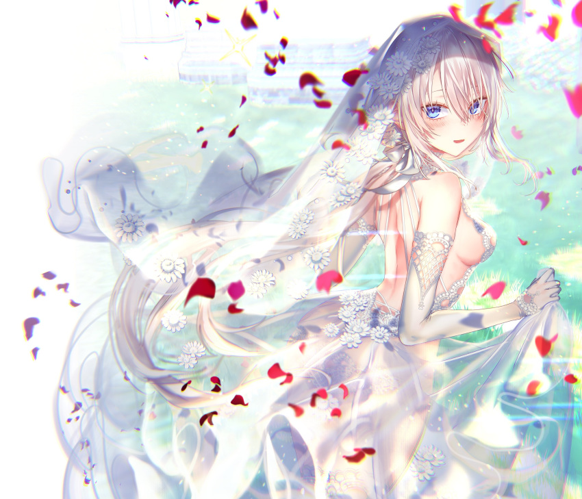 1girl 9a-91_(girls_frontline) absurdres bangs blue_eyes blush breasts bridal_veil bride dress elbow_gloves floral_print girls_frontline gloves hair_between_eyes hair_ribbon head_tilt highres long_hair medium_breasts open_mouth petals pottsness ribbon see-through silver_hair solo sparkle veil water wedding_dress white_gloves