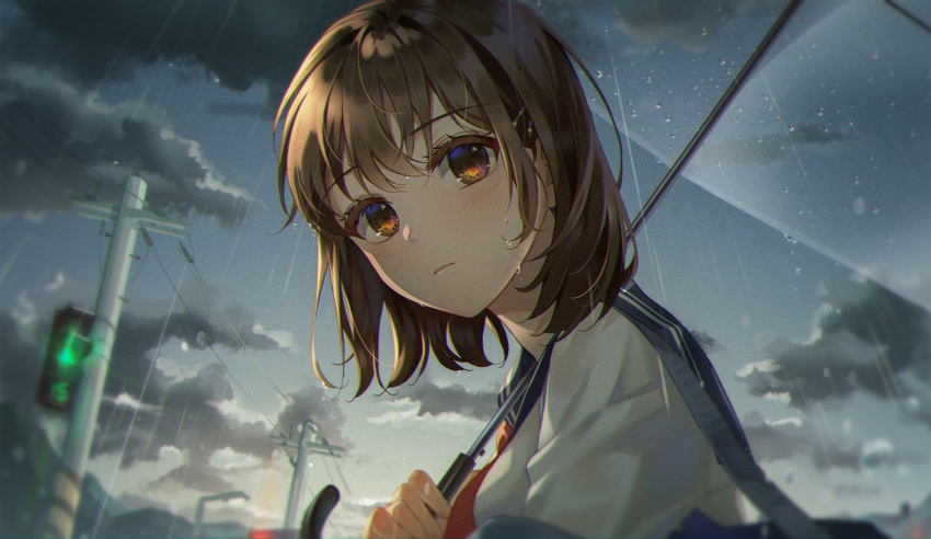 1girl brown_eyes brown_hair close-up connie_(keean2019) highres holding holding_umbrella looking_at_viewer original over_shoulder rain scenery school_uniform serafuku short_hair transparent transparent_umbrella umbrella uniform