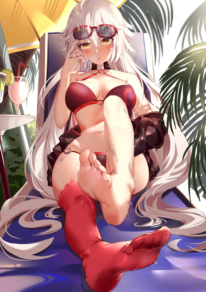 absurdres asymmetrical_legwear bangs bare_shoulders beach_chair beach_umbrella bikini black_bikini black_jacket blush breasts chinese_commentary collarbone commentary_request eyebrows_visible_through_hair eyewear_on_head fate/grand_order fate_(series) feet hair_twirling halterneck head_tilt highres jacket jeanne_d'arc_(alter_swimsuit_berserker) jeanne_d'arc_(fate)_(all) legs long_hair looking_at_viewer medium_breasts navel o-ring o-ring_bikini o-ring_top off_shoulder outdoors palm_leaf reclining red_legwear silver_hair single_thighhigh sitting soles stomach sunglasses swimsuit thigh-highs toes tropical_drink umbrella very_long_hair water wet xiaoshan_jiang yellow_eyes