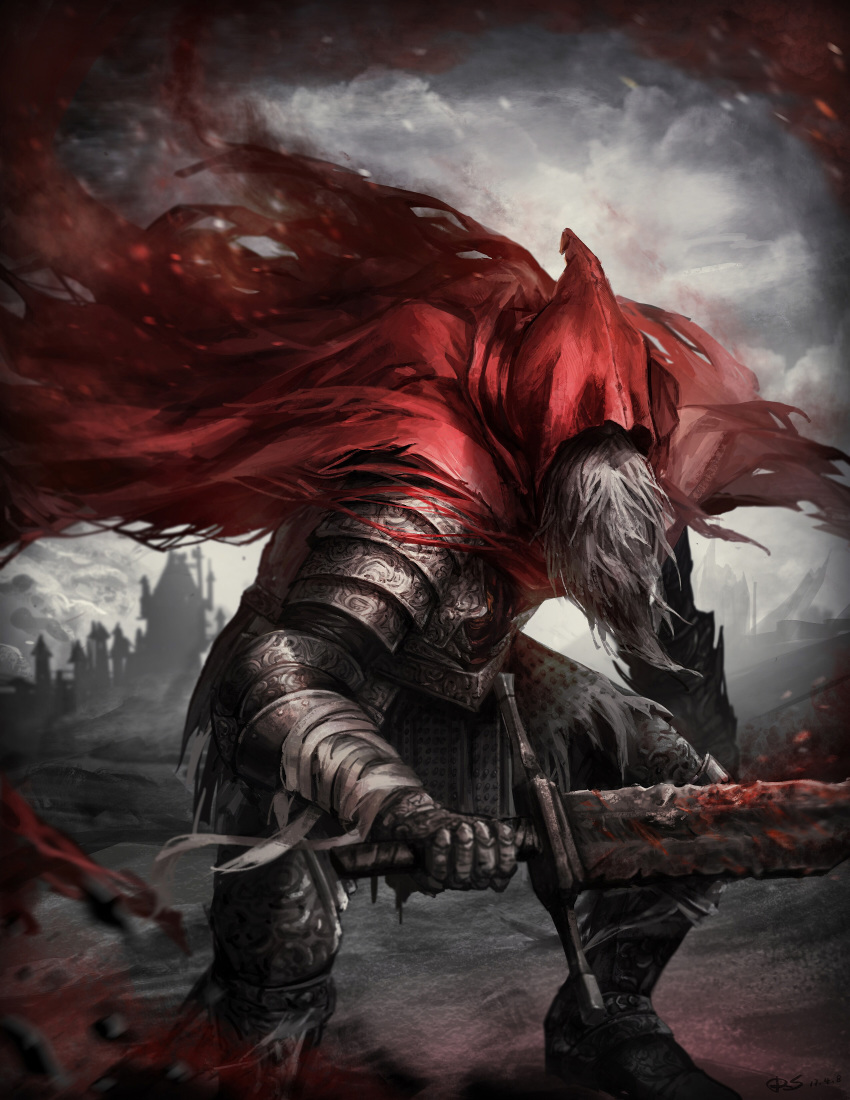 1boy absurdres arm_at_side armor armored_boots beard boots breastplate cape covered_eyes dark_souls_iii facial_hair faulds full_body gauntlets greaves grey_hair highres holding holding_sword holding_weapon hood hood_up knight leaning_forward male_focus red_cape renshena shoulder_armor slave_knight_gael solo souls_(from_software) spaulders standing sword weapon