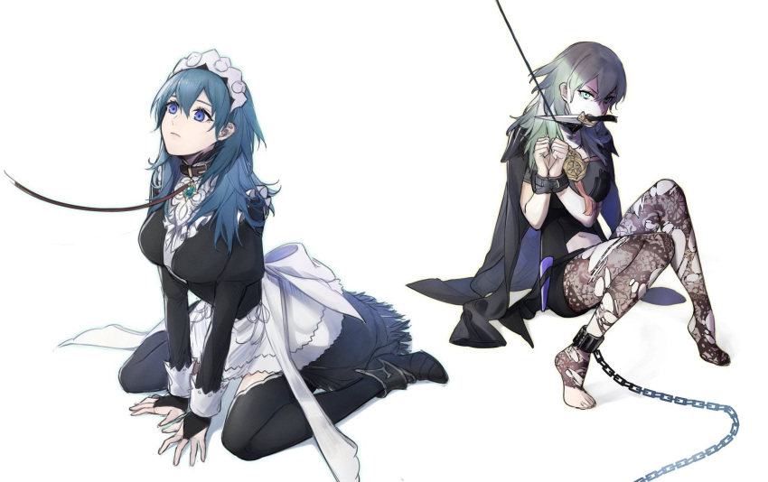 1girl blue_eyes blue_hair bridal_gauntlets byleth_(fire_emblem) byleth_eisner_(female) chain chained closed_mouth clovisxvii collar cuffs dagger fire_emblem fire_emblem:_three_houses green_eyes green_hair high_heels highres juliet_sleeves leash long_sleeves maid maid_headdress multiple_views navel_cutout pantyhose puffy_sleeves simple_background sitting torn_clothes torn_legwear weapon white_background