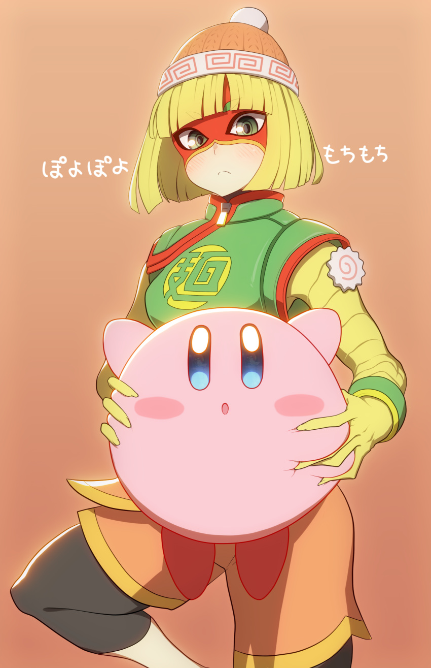 1girl 1other absurdres arms_(game) bangs blonde_hair blue_eyes blunt_bangs deep_skin green_eyes hat highres kirby kirby_(series) knit_hat mask min_min_(arms) neonveov orange_background orange_shorts short_hair shorts super_smash_bros.