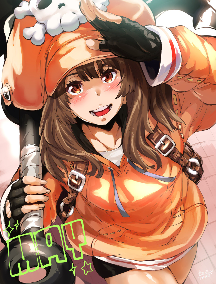 1girl absurdres anchor artist_name backpack bag bike_shorts blush brown_eyes brown_hair character_name dated fingerless_gloves from_above gloves guilty_gear guilty_gear_strive hat hero_neisan highres holding holding_weapon hood hoodie jacket looking_at_viewer may_(guilty_gear) open_mouth orange_jacket signature skull skull_and_crossbones smile solo thighs weapon