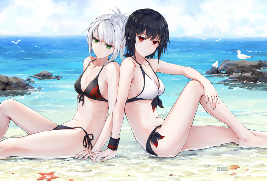 2girls back-to-back bangs beach bikini bird black_bikini black_hair breasts collarbone day front-tie_bikini front-tie_top green_eyes highres long_hair looking_at_viewer medium_breasts multiple_girls navel ocean original outdoors ponytail red_eyes seagull seashell shell shibanme_tekikumo short_hair side-tie_bikini silver_hair sitting smile starfish sweatband swimsuit white_bikini yuri