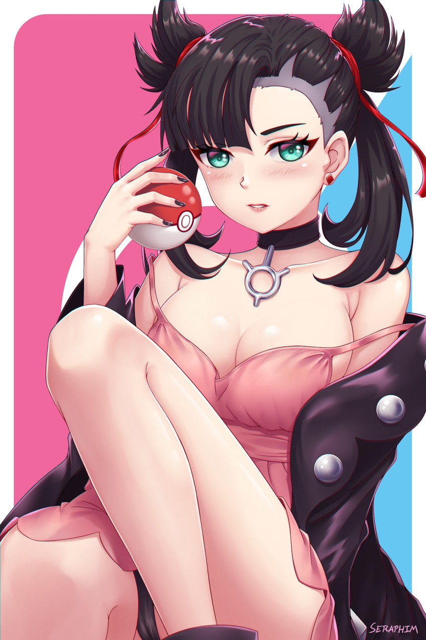 1girl artist_name asymmetrical_bangs bangs bare_shoulders black_choker black_hair black_jacket blue_background blush breasts choker collarbone commentary_request dress earrings green_eyes hair_ribbon hand_up highres holding holding_poke_ball jacket jewelry knee_up long_hair long_sleeves looking_at_viewer mary_(pokemon) medium_breasts medium_hair open_clothes panties pantyshot paolo_espana pink_background pink_dress poke_ball poke_ball_(basic) pokemon pokemon_(game) pokemon_swsh red_ribbon ribbon sitting solo twintails underwear