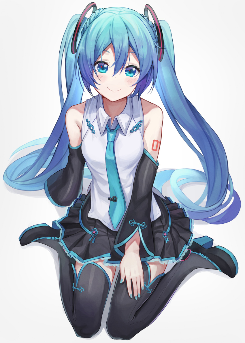 1girl absurdres bangs bare_shoulders bibboss39 black_footwear black_skirt black_sleeves blue_eyes blue_hair blue_neckwear blush breasts closed_mouth collared_shirt detached_sleeves eyebrows_visible_through_hair full_body gradient gradient_background hatsune_miku high_heels highres long_hair long_sleeves looking_at_viewer medium_breasts miniskirt necktie number_tattoo pleated_skirt shirt shoulder_tattoo sitting skirt smile solo tattoo thigh-highs twintails very_long_hair vocaloid wariza white_background white_shirt wing_collar zettai_ryouiki