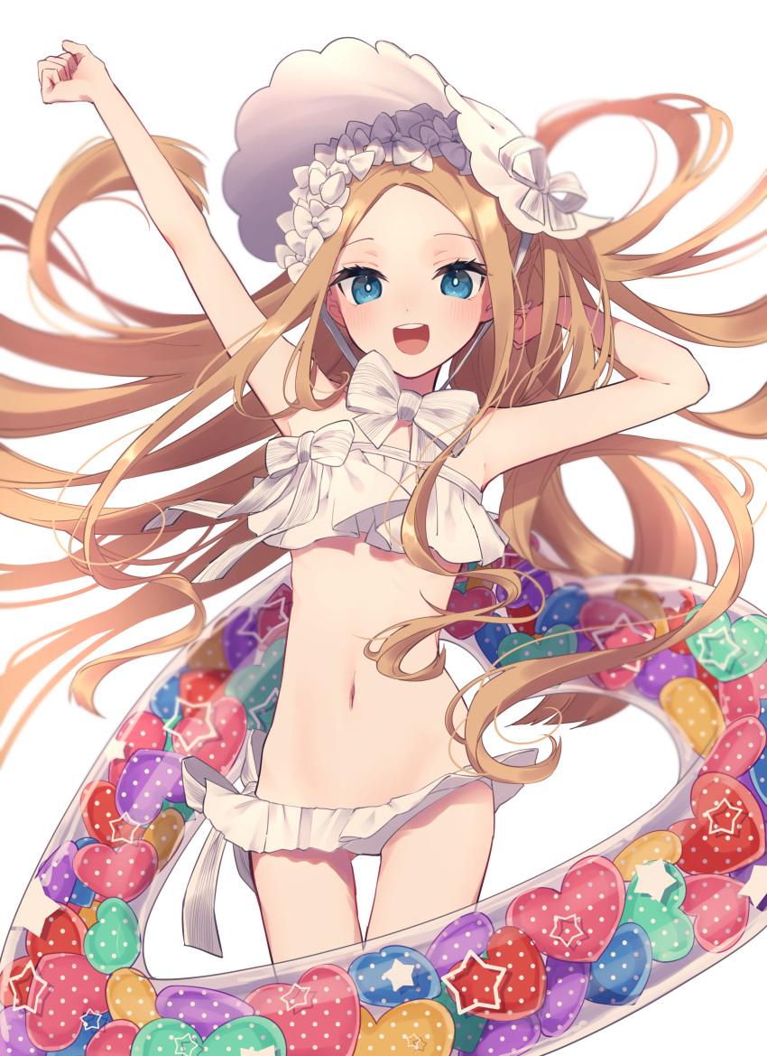 1girl abigail_williams_(fate/grand_order) abigail_williams_(swimsuit_foreigner)_(fate) absurdres armpits arms_up bangs bare_shoulders bikini blonde_hair blue_eyes blush bonnet bow breasts fate/grand_order fate_(series) forehead hair_bow highres hinakano_h innertube long_hair looking_at_viewer miniskirt navel open_mouth parted_bangs sidelocks simple_background skirt small_breasts smile swimsuit thighs very_long_hair white_background white_bikini white_bow white_headwear
