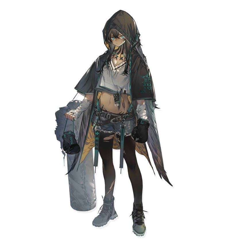 1girl arknights azling bandages bangs belt black_belt black_gloves black_hair black_jacket black_legwear blue_eyes boxing_gloves crop_top crop_top_overhang cutoffs flint_(arknights) full_body gloves grey_shorts hair_between_eyes highres holding hood hooded_jacket jacket long_hair long_sleeves looking_at_viewer midriff navel official_art open_clothes open_jacket pantyhose punching_bag shirt shoes short_shorts shorts sneakers solo standing stomach torn_clothes torn_legwear transparent_background white_shirt wide_sleeves wrist_wrap