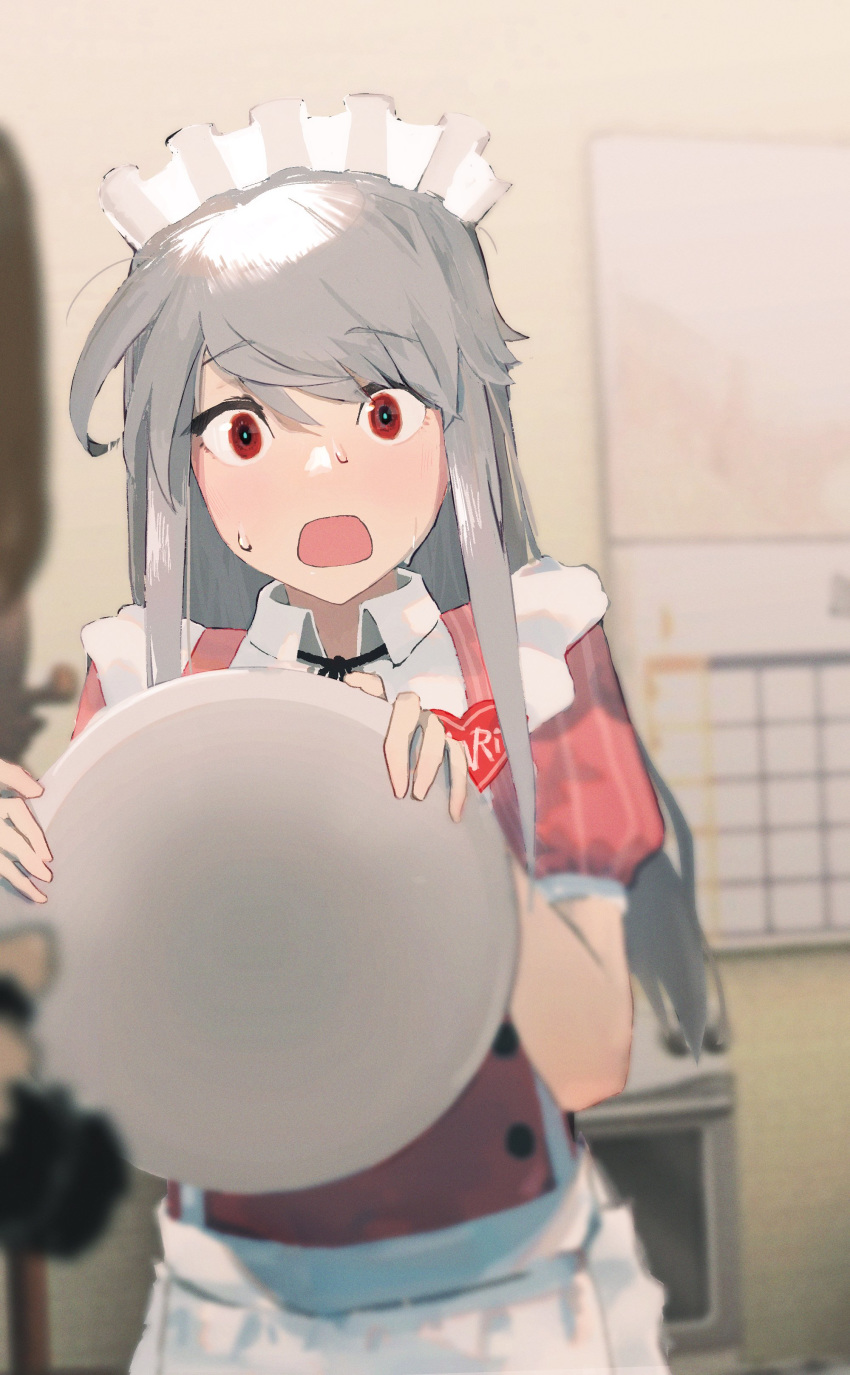 1girl absurdres alice_gear_aegis apron blush commentary_request eyebrows_visible_through_hair headdress highres holding holding_plate jinguuji_mari open_mouth plate red_eyes silver_hair snlivis50 solo sweat waitress