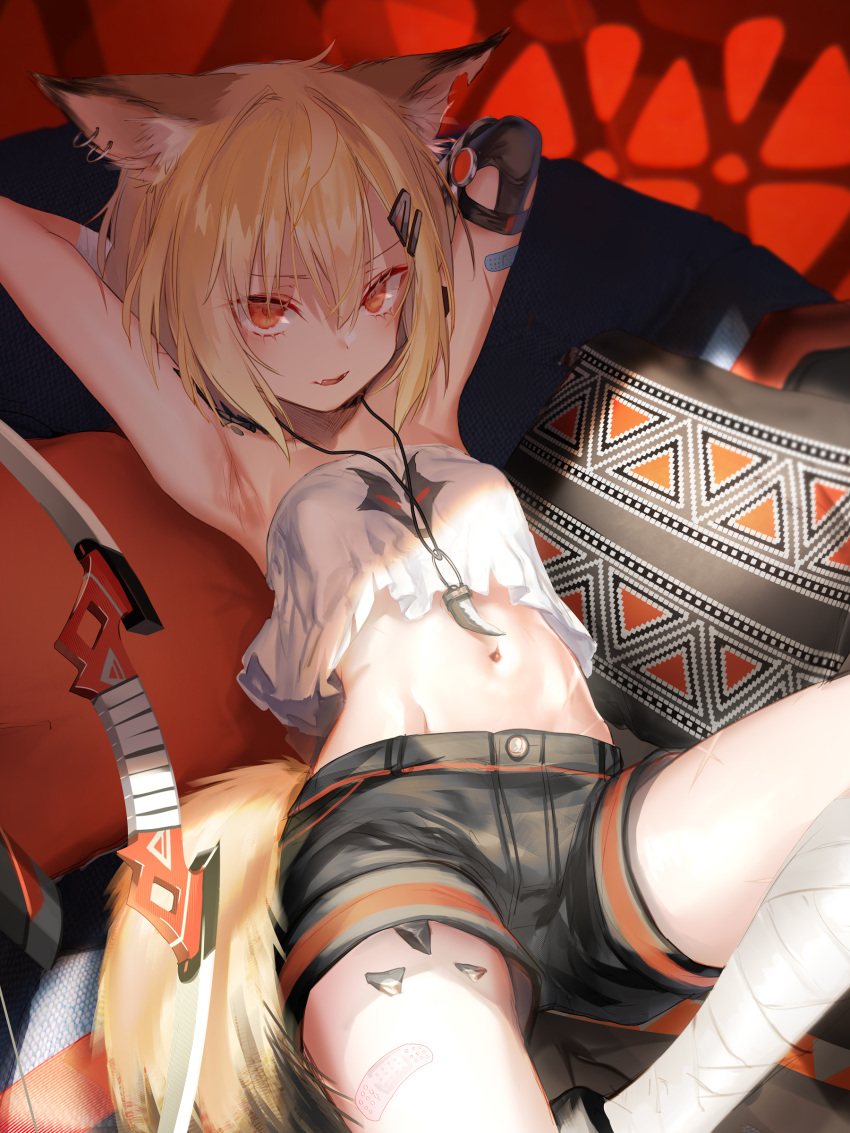 1girl absurdres animal_ear_fluff animal_ears arknights armpits arms_behind_back bandaged_leg bandages bandaid bandaid_on_arm bandaid_on_leg bangs black_shorts blonde_hair bow_(weapon) breasts cushion fangs fox_ears fox_girl fox_tail hair_between_eyes hair_ornament hairclip highres midriff navel notched_ear open_mouth orange_eyes originium_(arknights) pottsness short_hair shorts sitting small_breasts solo strapless tail tubetop vermeil_(arknights) weapon