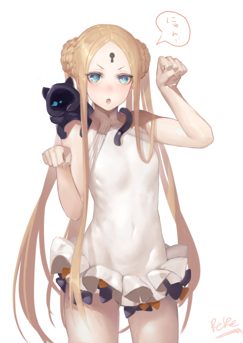1girl abigail_williams_(fate/grand_order) abigail_williams_(swimsuit_foreigner)_(fate) absurdres bangs bare_shoulders black_bow black_cat blonde_hair blue_eyes blush bow braid braided_bun breasts cat double_bun dress_swimsuit fate/grand_order fate_(series) forehead highres keyhole long_hair looking_at_viewer multiple_bows open_mouth orange_bow parted_bangs paw_pose peperon_(peperou) polka_dot polka_dot_bow sidelocks simple_background small_breasts swimsuit thighs twintails very_long_hair white_background white_swimsuit