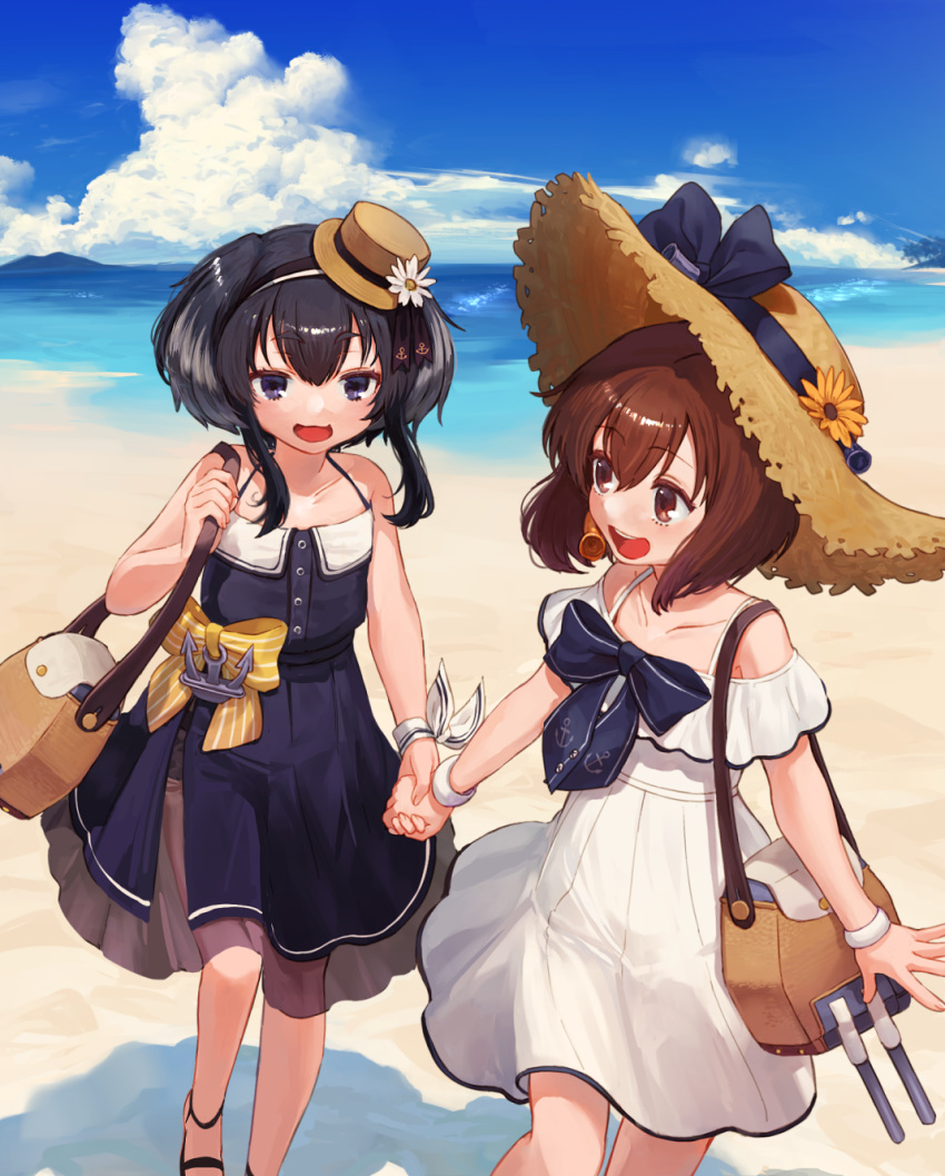 2girls alternate_costume anchor bag beach black_eyes black_hair blue_dress blue_sky brown_eyes brown_hair clouds commentary_request day dress feet_out_of_frame hat headset highres holding_hands kantai_collection mountain multiple_girls ocean official_alternate_costume open_mouth outdoors round_teeth sandals short_hair short_hair_with_long_locks sidelocks sky smile speaking_tube_headset straw_hat sun_hat sundress teeth tokitsukaze_(kantai_collection) upper_teeth water white_dress yoshino_ns yukikaze_(kantai_collection)