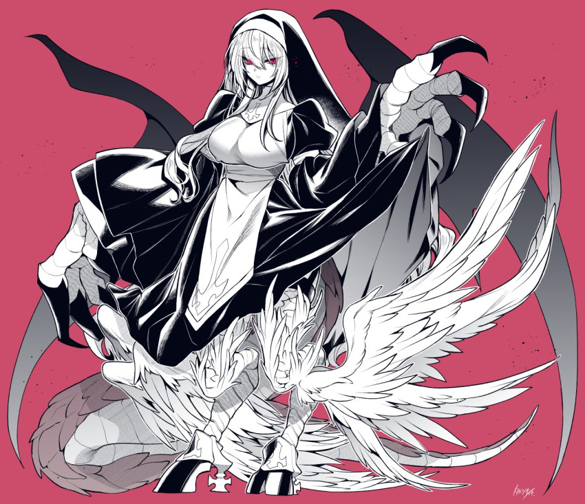 1girl bangs breasts chimera commentary_request cross dragon_tail dragon_wings full_body habit hooves large_breasts monster_girl nun original red_background red_eyes signature simple_background skirt skirt_lift tail takatsuki_ichi talons veil wings