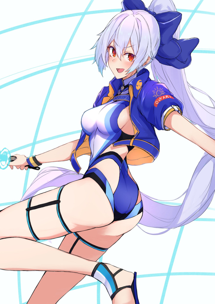 1girl ass bangs blue_bow blue_jacket blue_swimsuit blush bow breasts energy_sword fate/grand_order fate_(series) hair_between_eyes hair_bow highleg highleg_swimsuit highres jacket large_breasts long_hair looking_at_viewer looking_back mitsudomoe_(shape) nanakaku one-piece_swimsuit open_mouth ponytail red_eyes sandals short_sleeves silver_hair smile swimsuit sword thighs tomoe_(symbol) tomoe_gozen_(fate/grand_order) tomoe_gozen_(swimsuit_saber)_(fate) two-tone_swimsuit very_long_hair weapon white_background white_swimsuit