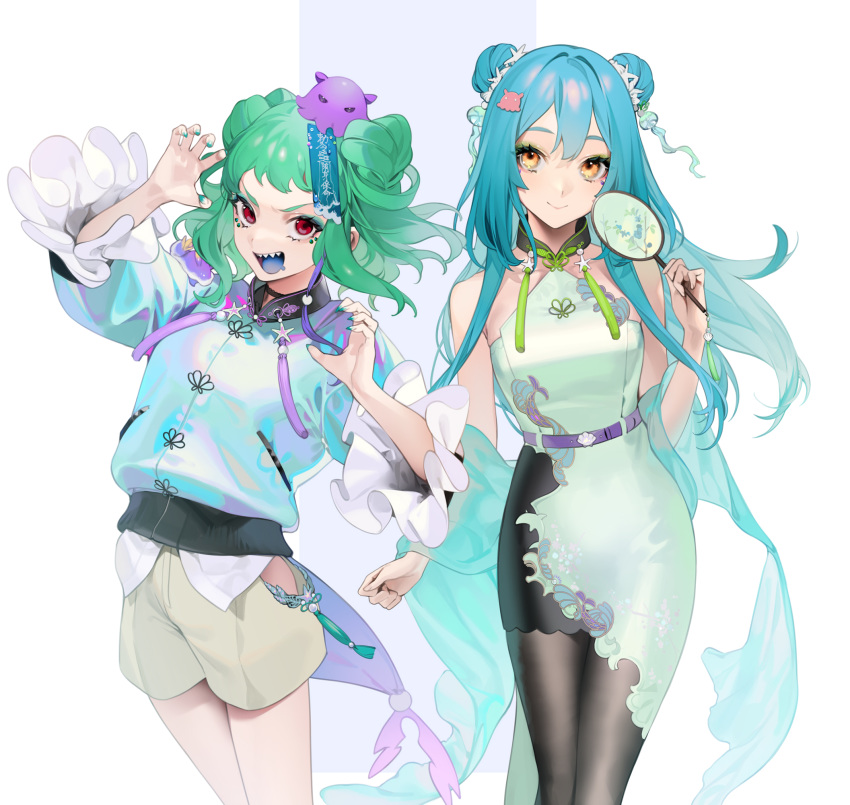 2girls :d bangs bare_shoulders belt blue_hair blue_nails blue_tongue brown_eyes character_request chinese_clothes claw_pose closed_mouth commentary_request copyright_request cowboy_shot double_bun dress fan fingernails green_hair hair_between_eyes hair_bun hair_ornament highres hip_vent holding holding_fan jewelry long_fingernails long_hair long_sleeves looking_at_viewer mouth_drool multiple_girls nail_polish neck_ring ohisashiburi open_mouth purple_belt red_eyes sharp_fingernails sharp_teeth short_hair shorts simple_background skirt sleeve_cuffs sleeveless sleeveless_dress smile teeth