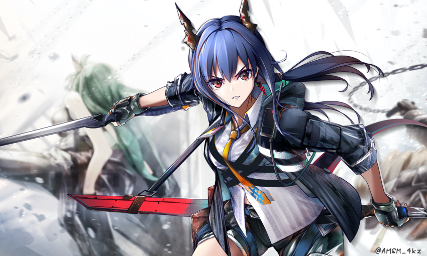 3girls arknights bangs bare_arms bare_shoulders black_gloves black_shorts blue_hair ch'en_(arknights) chain chi_xiao_(arknights) commentary_request dragon_horns dragon_tail fingerless_gloves gloves green_hair holding holding_sword holding_weapon horns hoshiguma_(arknights) long_hair looking_at_viewer multiple_girls necktie parted_lips red_eyes shirt short_shorts shorts single_horn swire_(arknights) sword tail weapon white_shirt wing_collar yellow_neckwear yokaze_(yokajie)