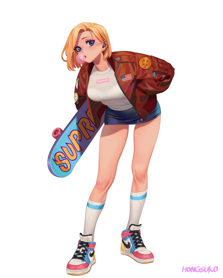 1girl alternate_costume american_flag android_18 blonde_hair blue_eyes breasts bubble_blowing chewing_gum dragon_ball earrings full_body highres holding holding_skateboard hongcasso jacket jewelry kneehighs large_breasts long_sleeves nike open_mouth red_jacket shirt shoes short_hair skateboard sneakers socks solo stud_earrings supreme white_legwear white_shirt