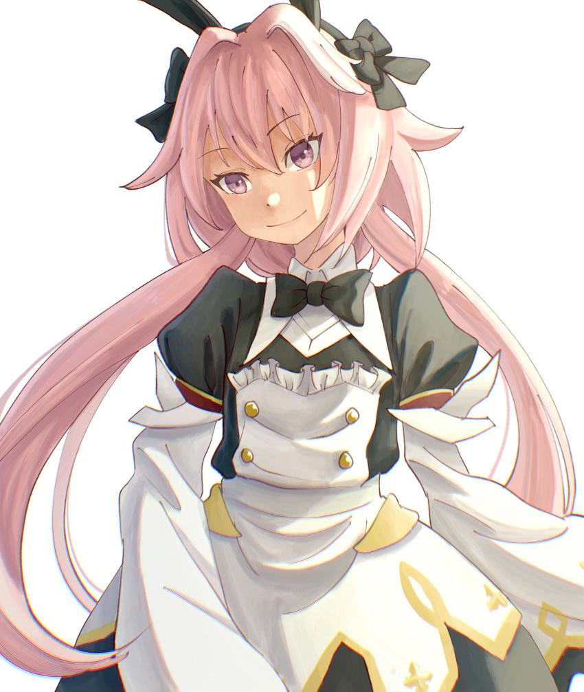 1boy absurdres animal_ears astolfo_(fate) astolfo_(saber)_(fate) bangs black_bow black_ribbon bow bowtie bunny_hair_ornament closed_mouth fate/grand_order fate_(series) gloves hair_bow hair_intakes hair_ornament hair_ribbon happy highres long_hair long_sleeves looking_at_viewer low_twintails male_focus mori_akari_(nuwh8535) multicolored_hair otoko_no_ko pink_hair rabbit_ears ribbon simple_background smile solo streaked_hair twintails violet_eyes white_background