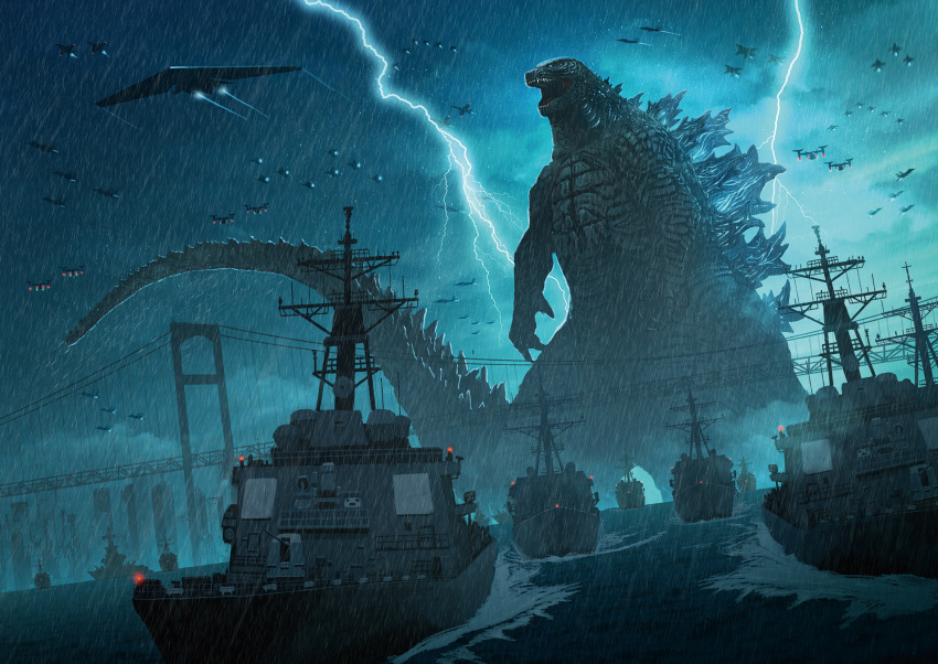 aircraft airplane bridge clouds cloudy_sky commentary_request destroyer drone fighter_jet giant_monster godzilla godzilla_(series) highres jet kaijuu lightning looking_away military military_vehicle monster no_humans open_mouth rain sharp_teeth ship sky spines standing storm suspension_bridge suttoko tail teeth warship water watercraft