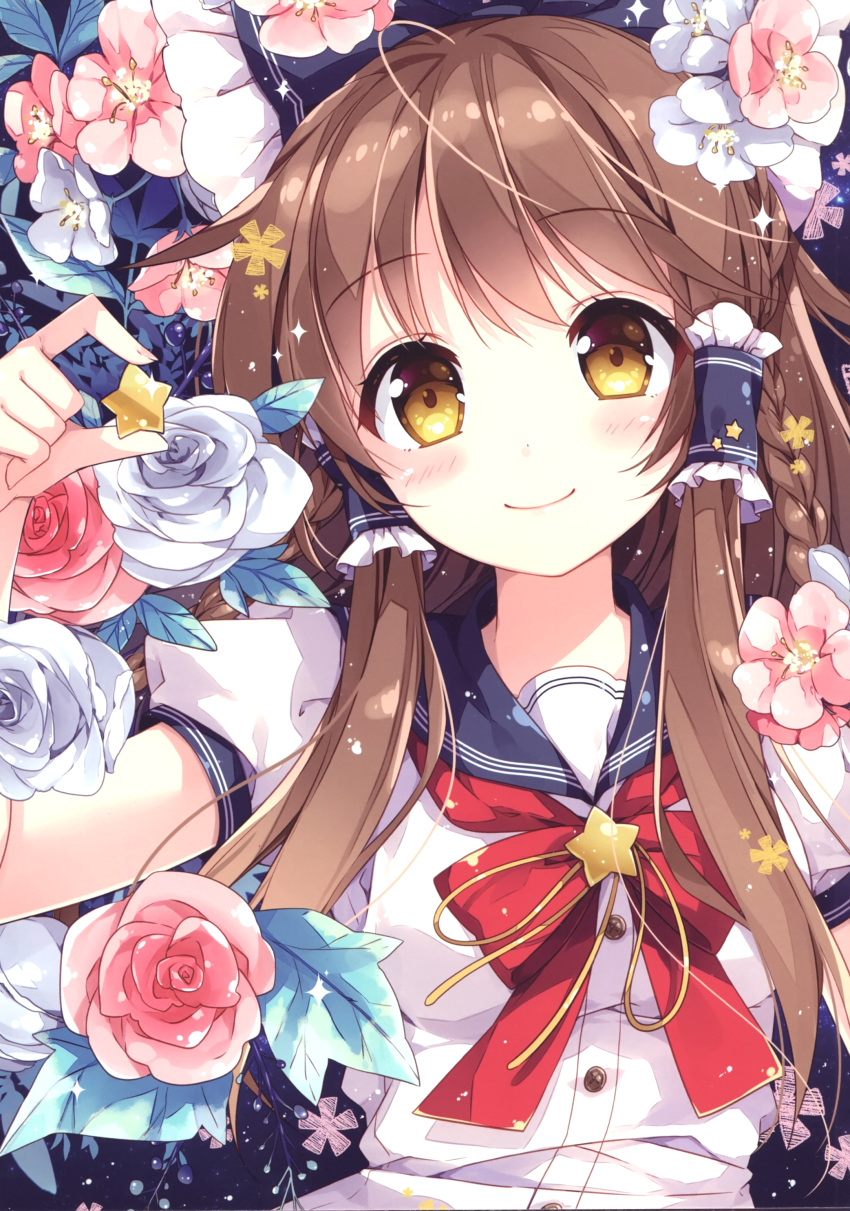 1girl absurdres bangs blush bow braid brown_eyes brown_hair buttons closed_mouth eyebrows_visible_through_hair fingernails flower hair_ornament hair_tubes hakurei_reimu head_tilt highres holding looking_at_viewer mochizuki_shiina puffy_short_sleeves puffy_sleeves red_bow scan shiny shiny_hair shiny_skin short_sleeves simple_background smile sparkle star_(symbol) tied_hair touhou upper_body