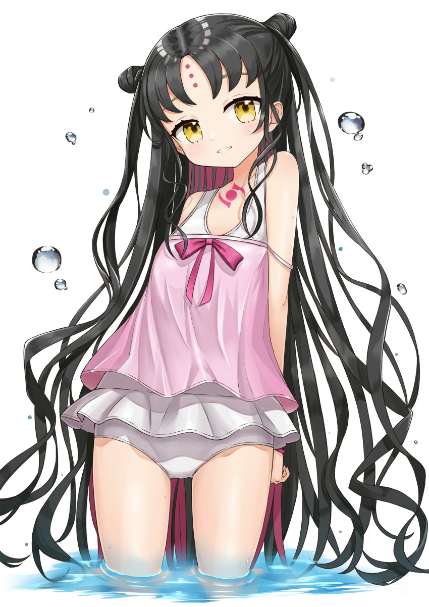 1girl bangs bare_arms bare_shoulders black_hair brown_eyes commentary_request double_bun facial_mark fate/grand_order fate_(series) forehead_mark head_tilt highres long_hair looking_at_viewer minoshi multicolored_hair one-piece_swimsuit parted_bangs parted_lips pink_swimsuit purple_hair sesshouin_kiara sesshouin_kiara_(lily) sesshouin_kiara_(swimsuit_mooncancer)_(fate) solo standing swimsuit two-tone_hair very_long_hair wading water water_drop white_background white_swimsuit