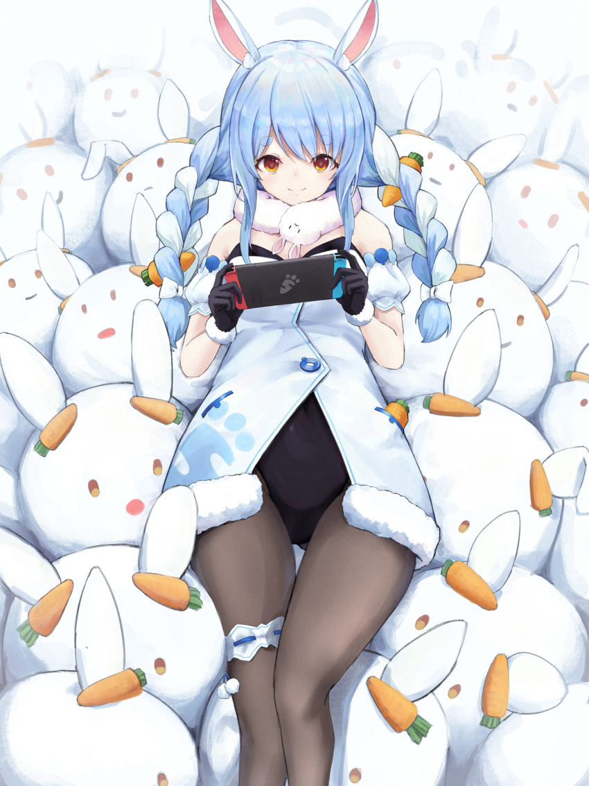 1girl animal_ear_fluff animal_ears bare_shoulders black_gloves black_legwear blue_hair bow braid bunny_girl carrot carrot_hair_ornament creature detached_sleeves don-chan_(hololive) dress ebiry_fy eyebrows_visible_through_hair food_themed_hair_ornament gloves hair_ornament highres holding_hands hololive leg_garter leotard long_hair looking_down lying multicolored_hair nintendo_switch on_back pantyhose rabbit rabbit_ears red_eyes solo thick_eyebrows twin_braids two-tone_hair usada_pekora virtual_youtuber white_bow white_dress white_hair