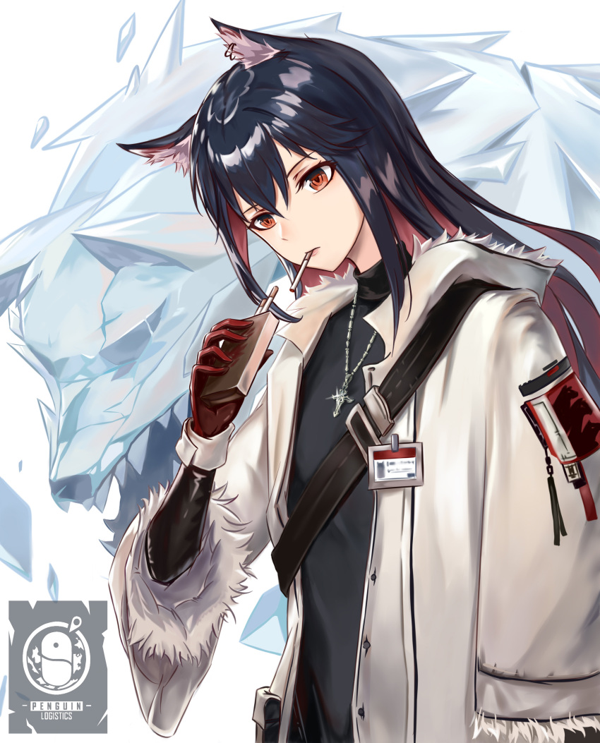 1girl absurdres animal_ears arknights black_hair black_shirt cigarette cigarette_box coat earrings fur_trim gloves highres holding id_card jewelry long_hair long_sleeves looking_at_viewer momosawa_nao multicolored_hair necklace open_clothes open_coat penguin_logistics_logo red_eyes red_gloves shirt smoking solo strap texas_(arknights) turtleneck two-tone_hair upper_body white_coat wolf_ears