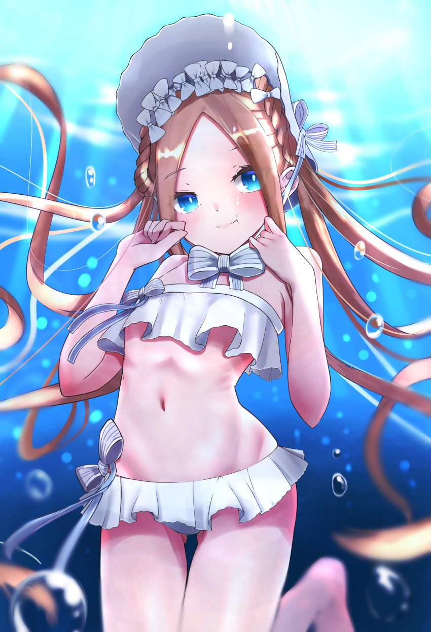 1girl abigail_williams_(fate/grand_order) abigail_williams_(swimsuit_foreigner)_(fate) absurdres bangs bare_shoulders bikini blonde_hair blue_eyes blush bonnet bow breasts closed_mouth eto_(eto96-1114) fate/grand_order fate_(series) forehead hair_bow highres long_hair looking_at_viewer miniskirt navel parted_bangs sidelocks skirt small_breasts smile swimsuit thighs twintails underwater very_long_hair white_bikini white_bow white_headwear