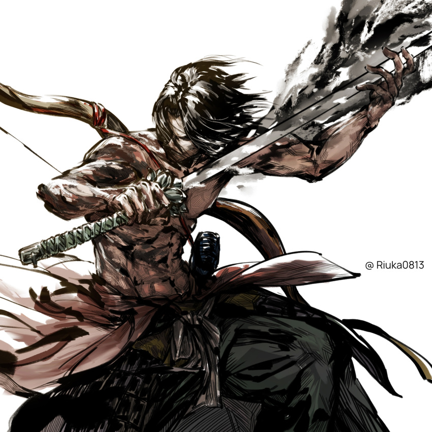 1boy abs arm_up armor ashina_genichirou bangs black_hair bow_(weapon) commentary_request cowboy_shot flaming_weapon green_pants hair_over_eyes hakama_pants highres holding holding_sword holding_weapon japanese_armor katana kusazuri looking_away male_focus muscle open_hand pants parted_bangs riuka0813 sekiro:_shadows_die_twice shirtless short_hair simple_background solo sword twitter_username weapon weapon_on_back white_background
