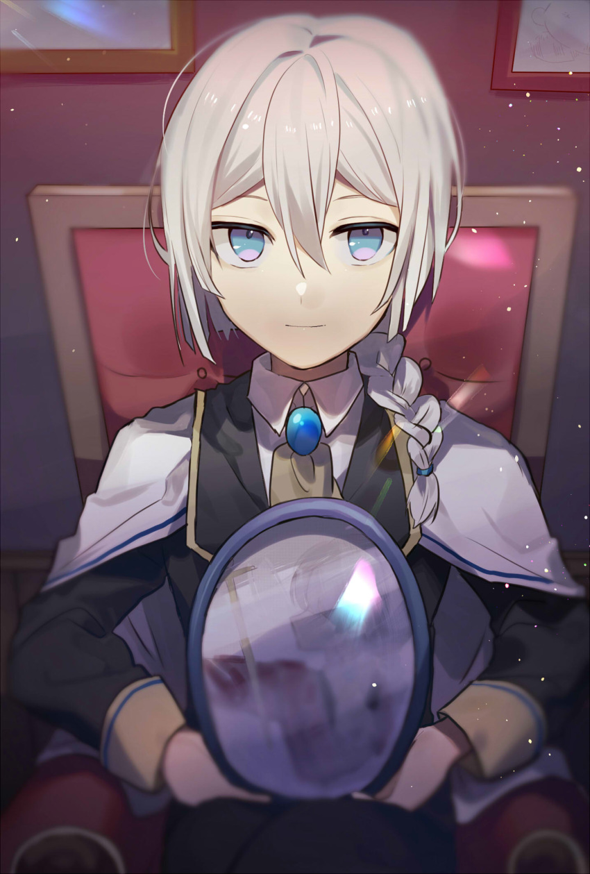 1boy ascot bangs black_jacket black_pants blue_eyes blurry braid cape chair closed_mouth collared_shirt commentary depth_of_field gem grey_hair hair_between_eyes hair_ornament highres holding holding_mirror huyuharu0214 indoors jacket long_sleeves looking_at_viewer male_focus mirror mirror_image original pants shirt single_braid sitting smile solo white_cape white_shirt