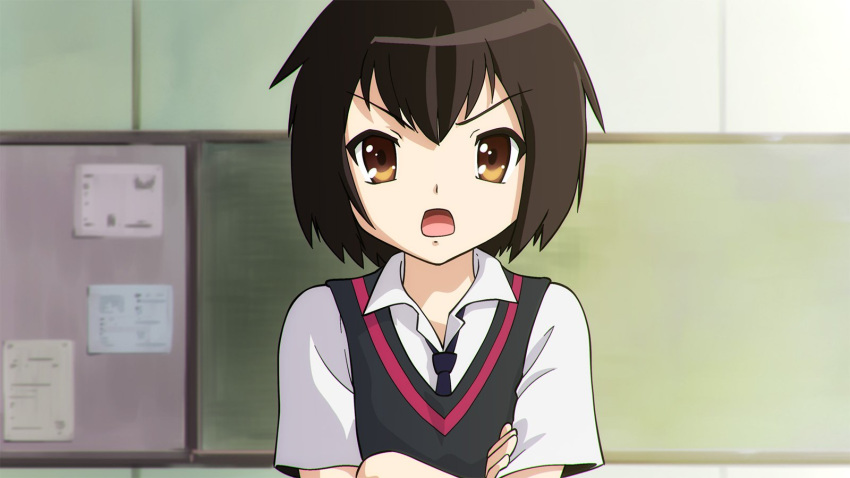 1girl black_hair brown_eyes highres looking_at_viewer necktie open_mouth parody peni_parker school_uniform short_hair short_sleeves solo spider-man:_into_the_spider-verse spider-man_(series) suzumiya_haruhi_no_yuuutsu sweater_vest ueyama_michirou