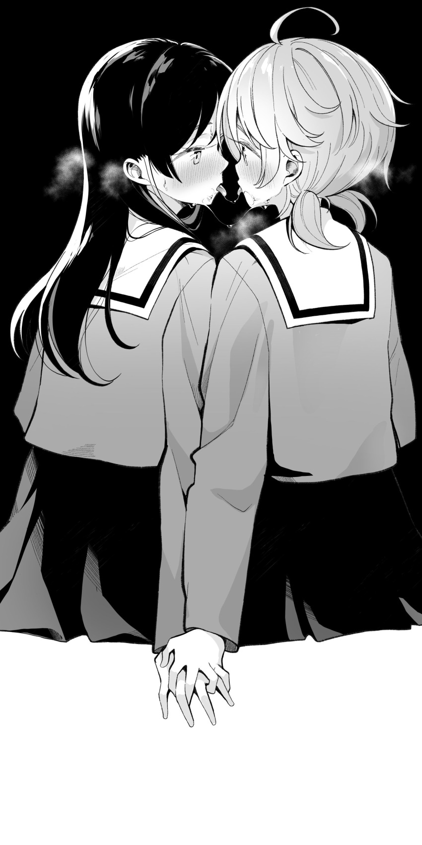 2girls absurdres after_kiss ahoge blush breath eye_contact greyscale highres holding_hands interlocked_fingers koito_yuu long_hair looking_at_another low_twintails monochrome multiple_girls nanami_touko saliva saliva_trail school_uniform shiratama_mochi short_hair short_twintails sitting tongue tongue_out twintails yagate_kimi_ni_naru yuri